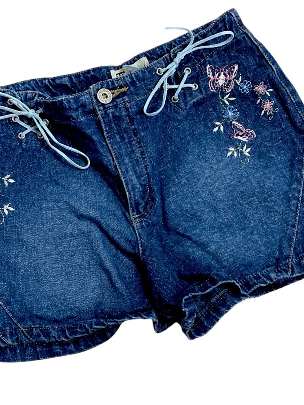 Faded Glory Girls Denim Shorts Size 10 Butterfly Embroidered Lace Up Blue